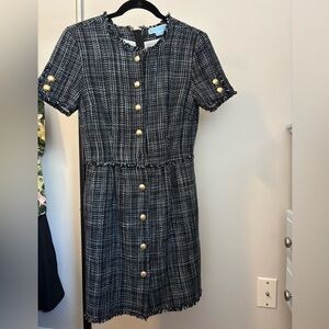 Draper James Black and Blue Tweed Dress with Gold Button